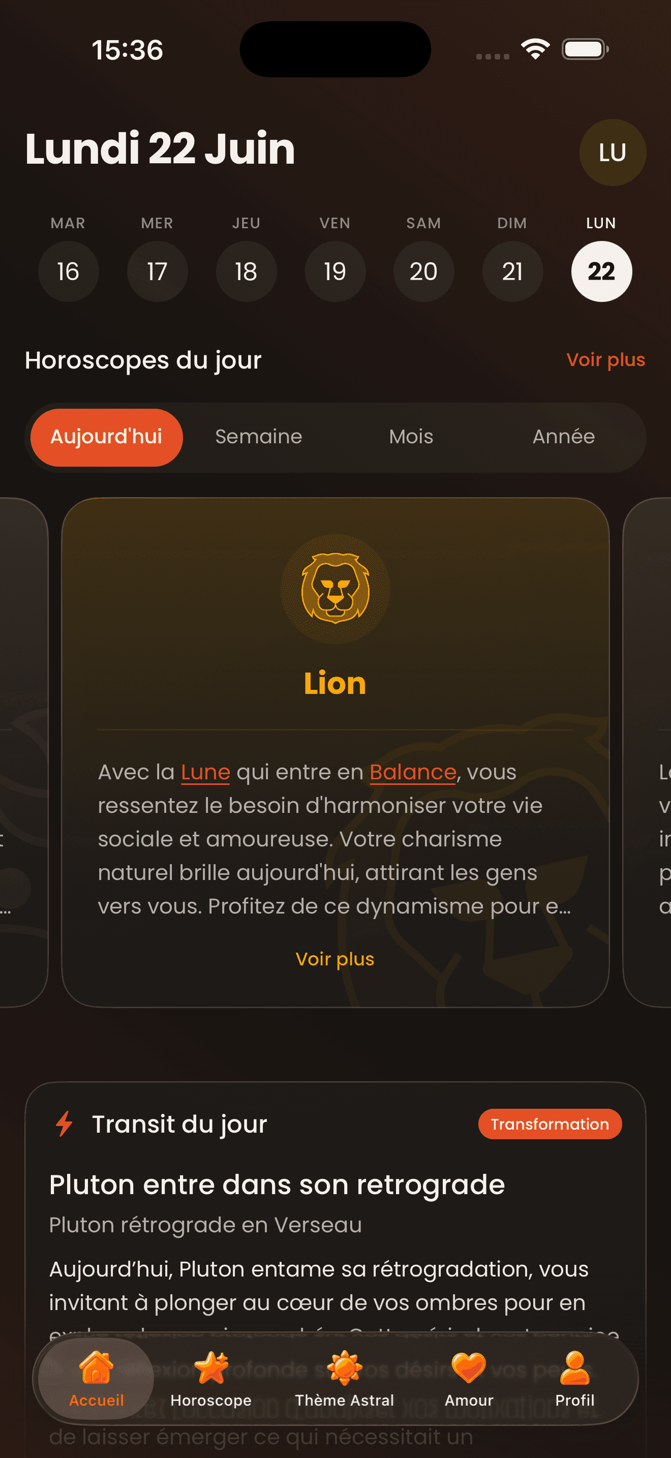 Écran d’accueil de l’application iAstral