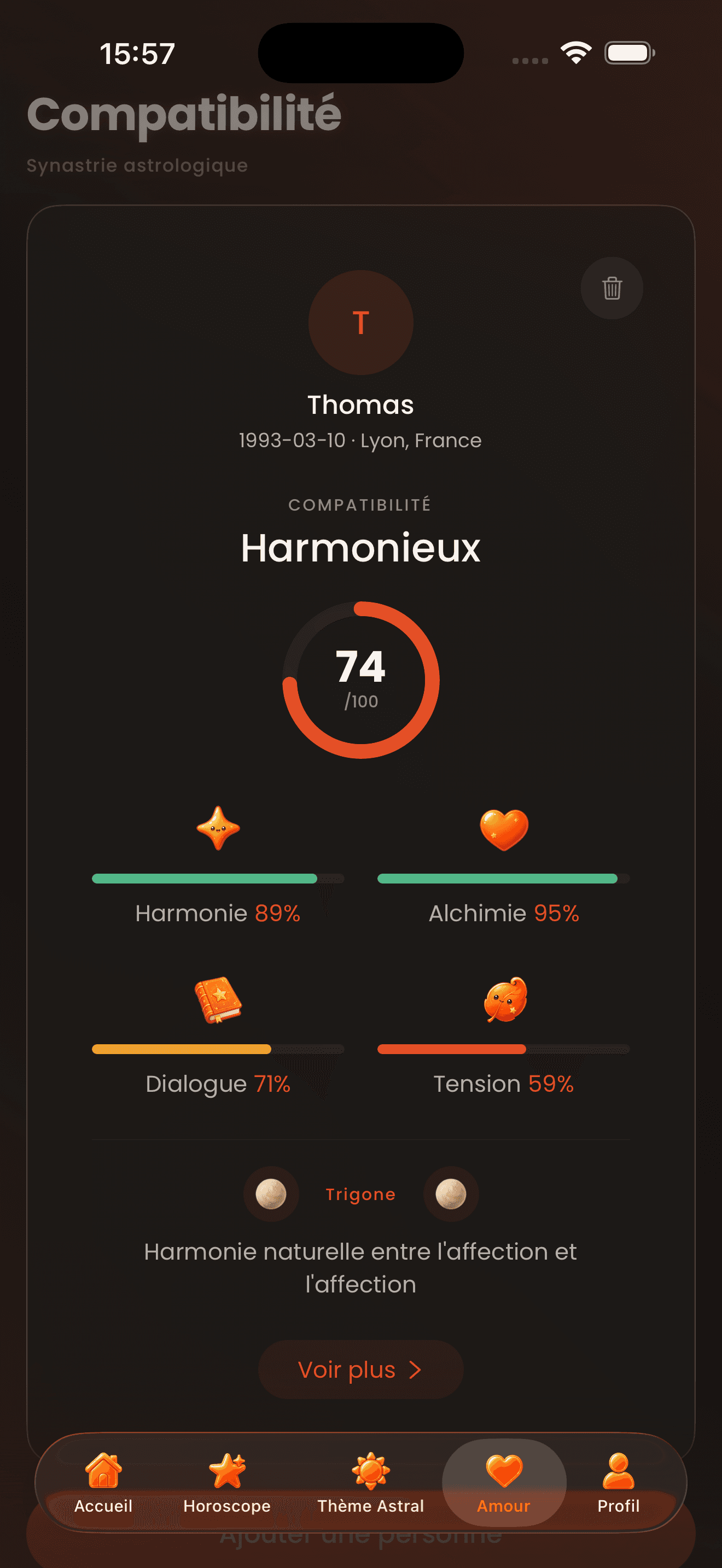 Écran de compatibilité amoureuse iAstral