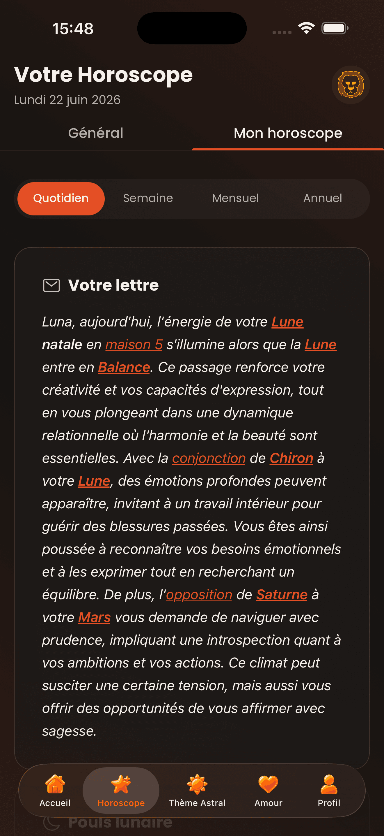 Écran horoscope personnalisé de l’application iAstral